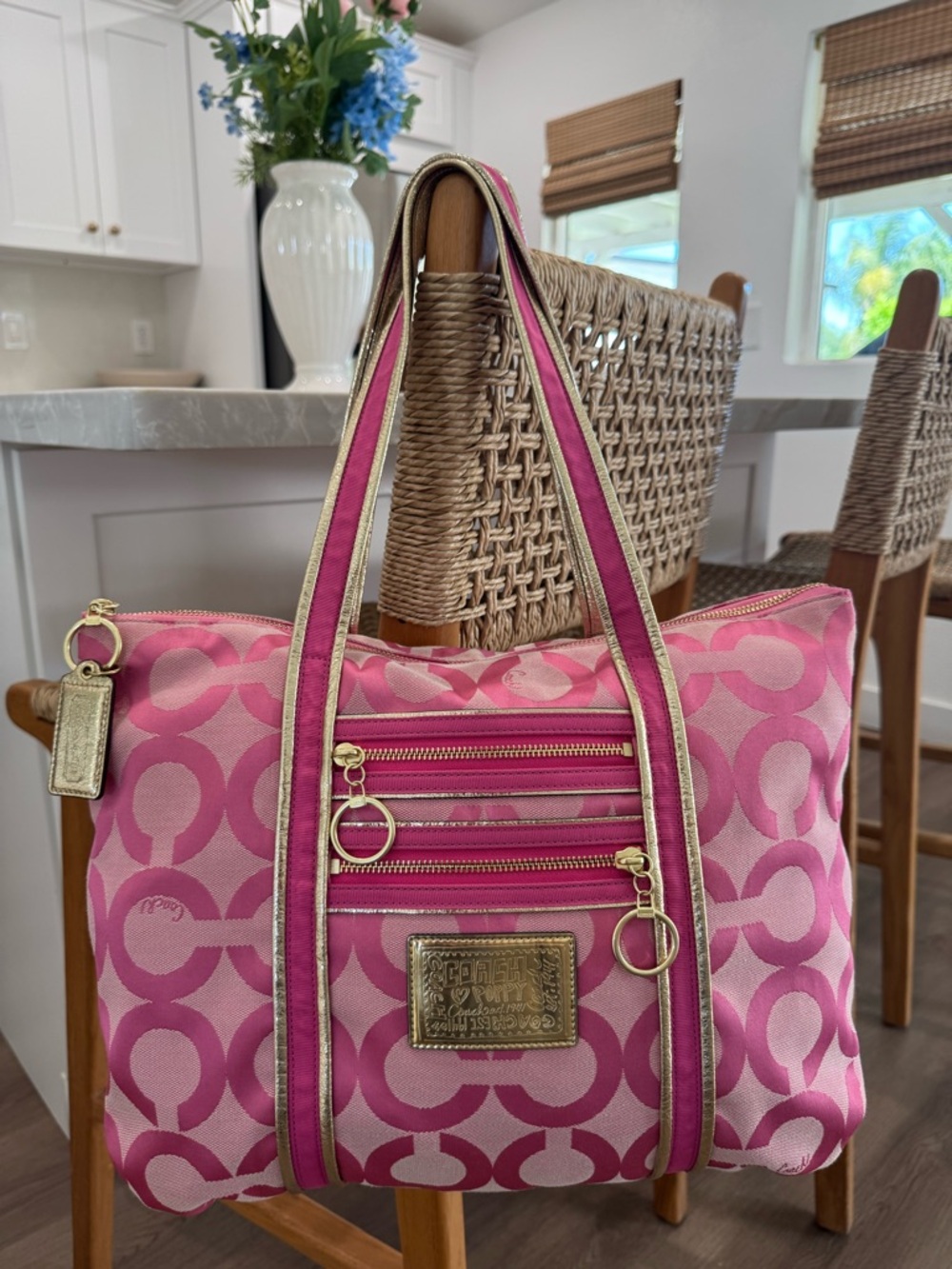 Y2K Coach Poppy Op Art Pink Signature Jacquard Tote Shoulder Bag Purse #13826 - Picture 6 of 17